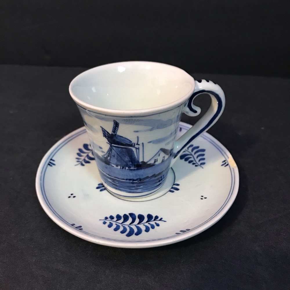 Vintage Delft Blue Floral Windmill Cup & Saucer Handwork Holland #1232